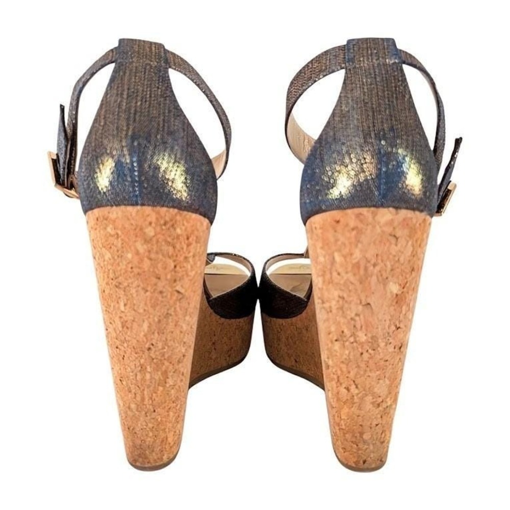 Jimmy Choo Metallic Denim Wedge‎ Sandals Indigo Gold Size 39 - Picture 9 of 9